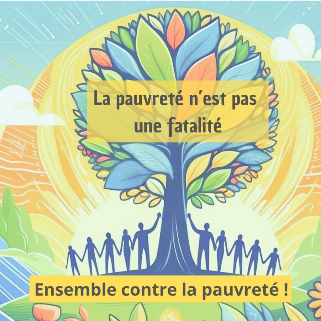 Illustration symbolique d’un arbre coloré et de silhouettes humaines unies – Journée mondiale pour l’élimination de la pauvreté 2025 – ONG PierMarc.