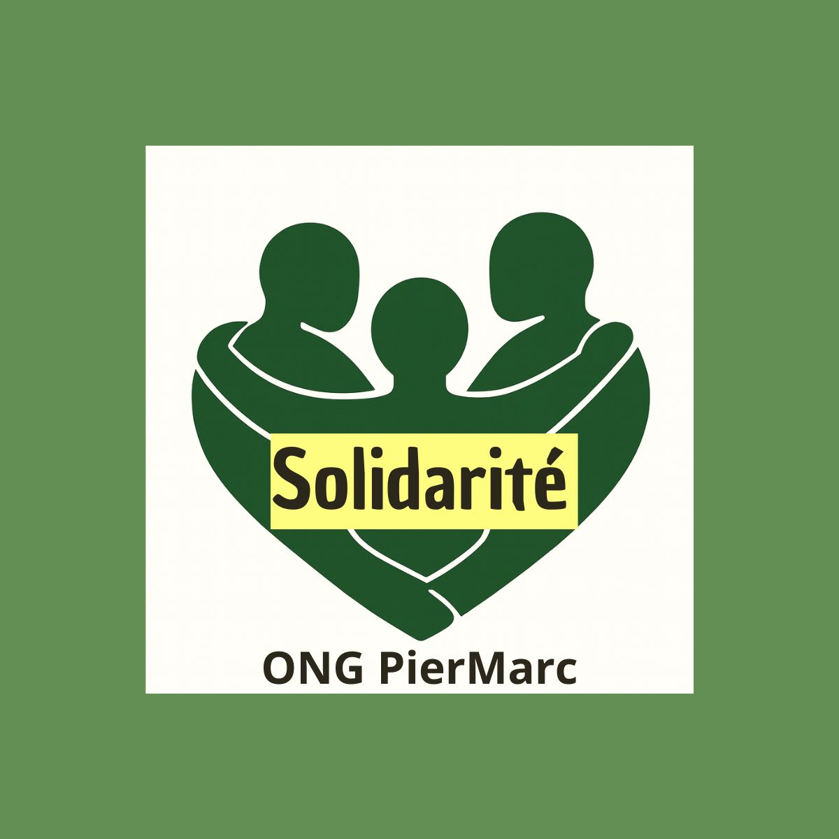 trois silhouettes vertes formant un cœur, avec le mot « Solidarité » et la mention ONG PierMarc.