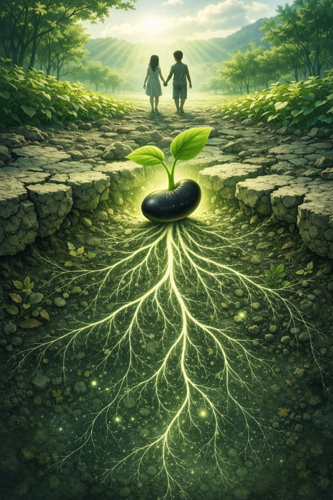 Germination d’une légumineuse dans un sol fissuré au lever du soleil, illustration symbolique de régénération et d’avenir.
