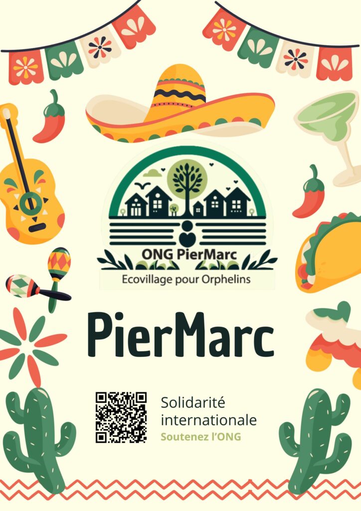 Affiche de présentation de l'ONG PierMarc France sur la face centrale du comptoir du stand de la Fête à Voltaire 2026 à Ferney-Voltaire.