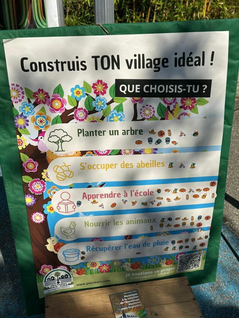 Affiche participative de l’ONG PierMarc France lors de la Fête des Associations de Ferney-Voltaire 2026 intitulée « Construis TON village idéal ! ». Les enfants votent à l’aide d’autocollants pour différentes thématiques : planter un arbre, s’occuper des abeilles, apprendre à l’école, nourrir les animaux et récupérer l’eau de pluie.