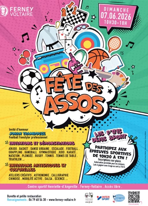 Affiche colorée de la Fête des Associations 2026 de Ferney-Voltaire avec illustrations sportives et culturelles, organisée le dimanche 7 juin 2026 au centre sportif Henriette-d’Angeville.