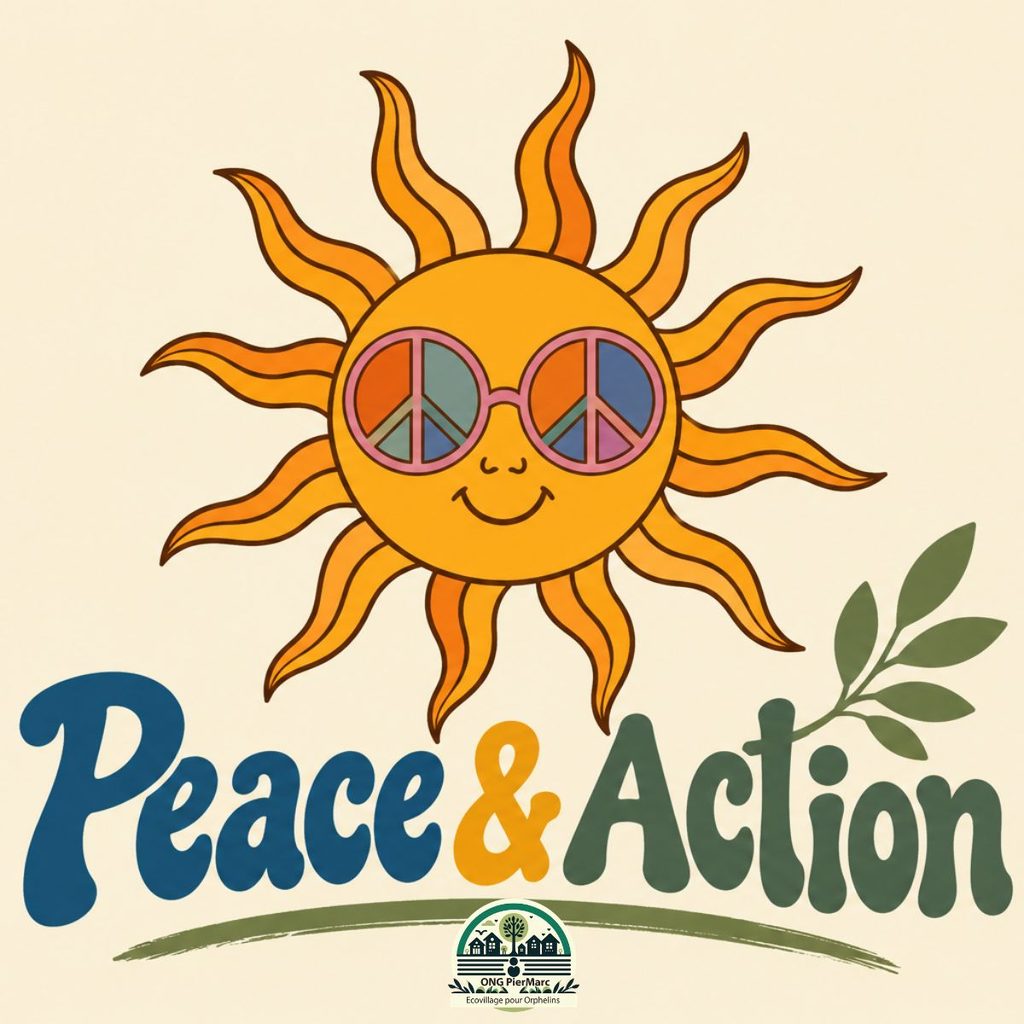 Illustration Peace & Action avec un soleil portant des lunettes ornées du symbole de la paix et le logo de l’écovillage PierMarc.