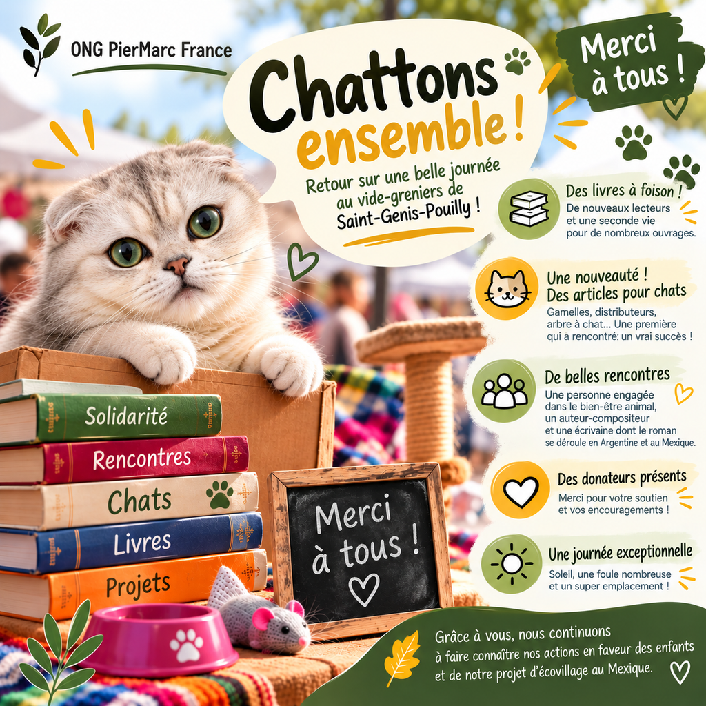 Illustration de l’ONG PierMarc France : Leika entourée de livres et d’accessoires pour chats, pour évoquer le vide-greniers de Saint-Genis-Pouilly du 11 octobre 2026.