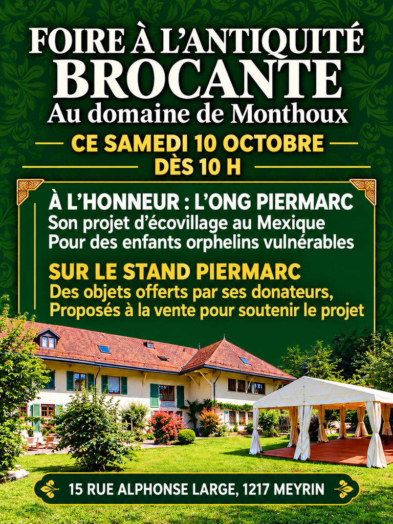 Affiche de la Foire à l’Antiquité et Brocante du 10 octobre 2026 au Domaine de Monthoux, à Meyrin,