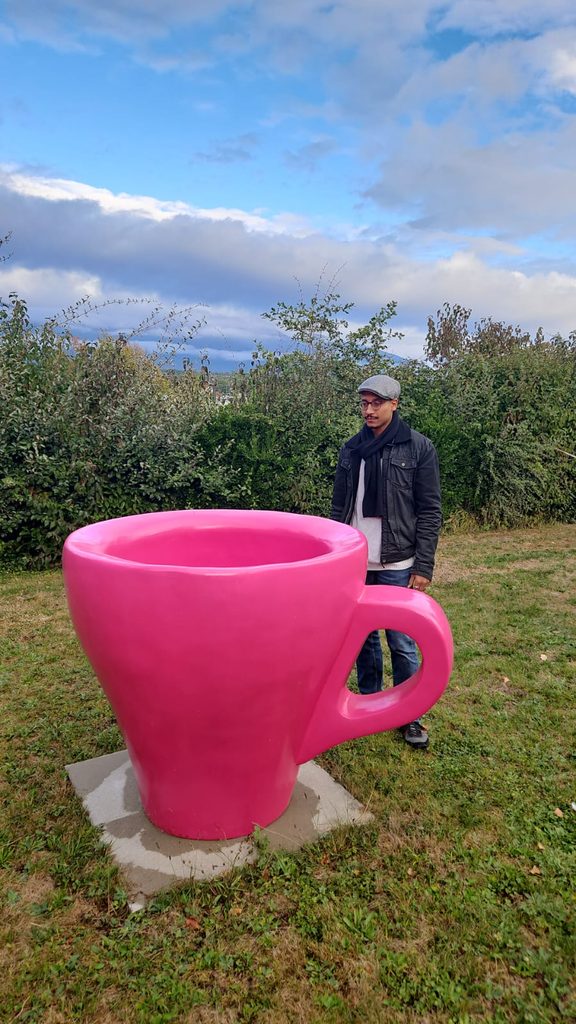 Une immense tasse rose installée dans un espace verdoyant à Meyrin.